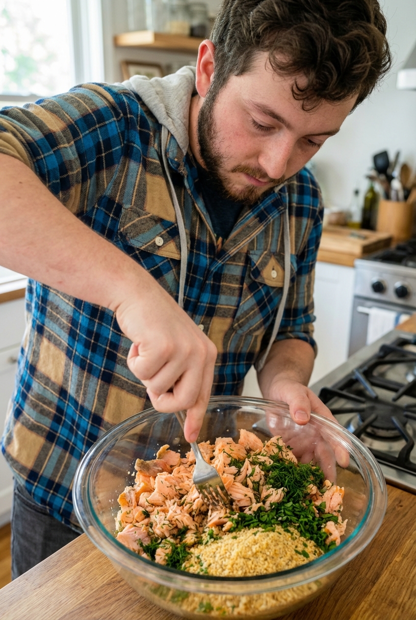 A mixing bowl with flaked salmon, breadcrumbs, and chopped herbs being stirred with a fork