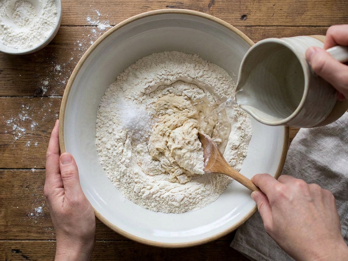 A mixing bowl with flour and salt being stirred as warm water is poured in to start an unleavened flatbread dough