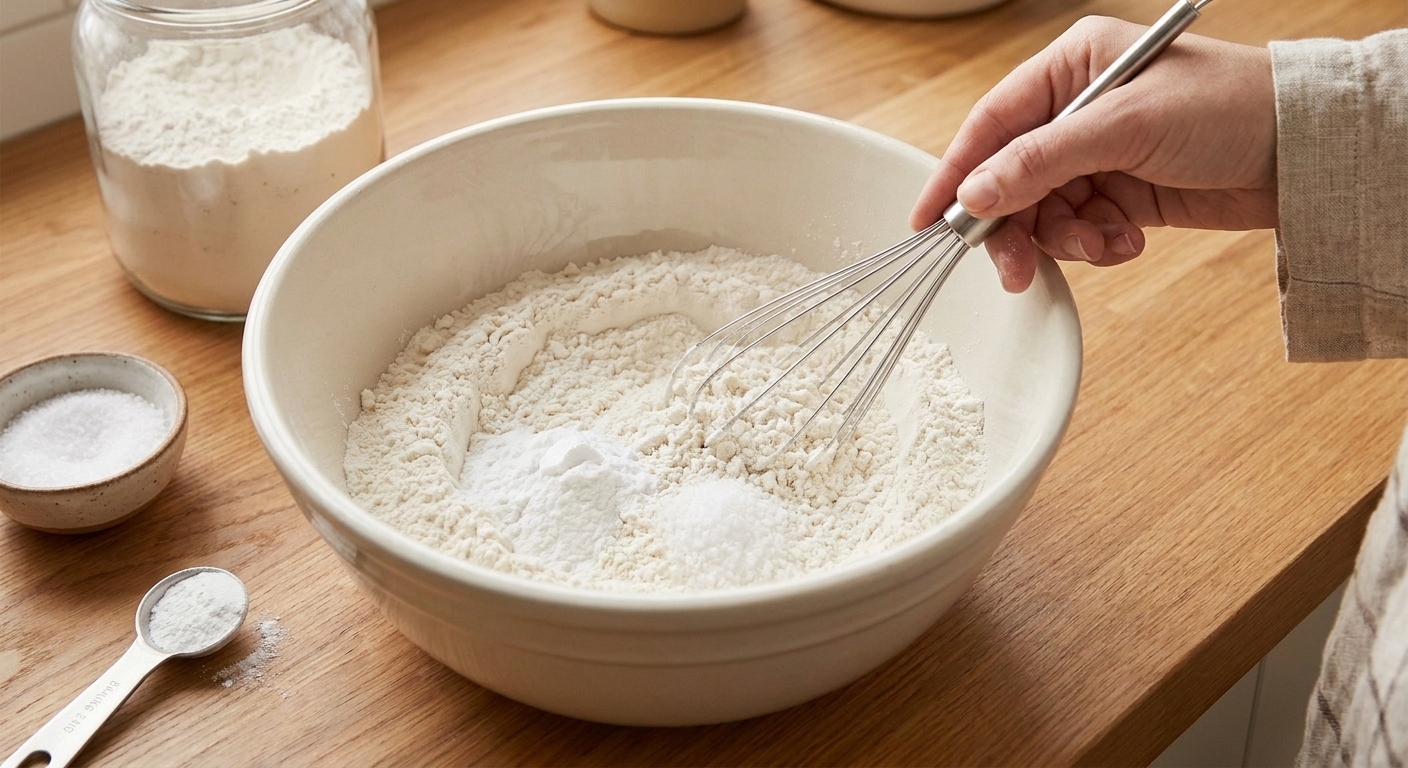 A mixing bowl with flour, baking powder, and salt being whisked together on a clean kitchen counter