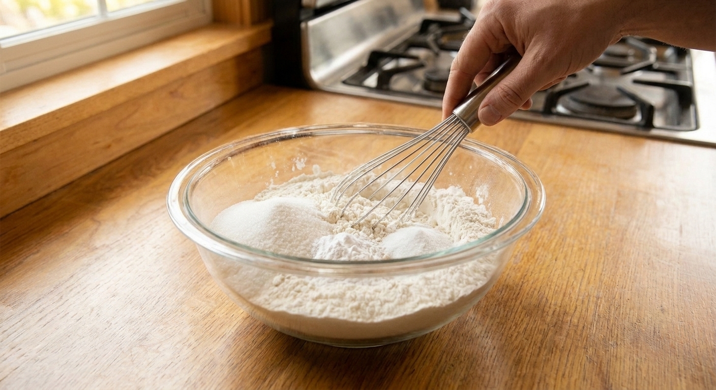 A mixing bowl with flour, baking powder, baking soda, sugar, and salt being whisked together on a kitchen counter
