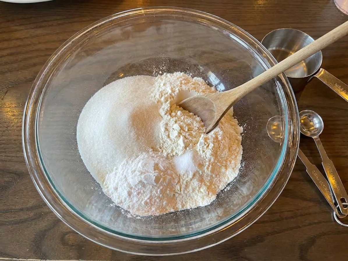 A mixing bowl with flour, baking powder, sugar, and salt measured out on a kitchen counter