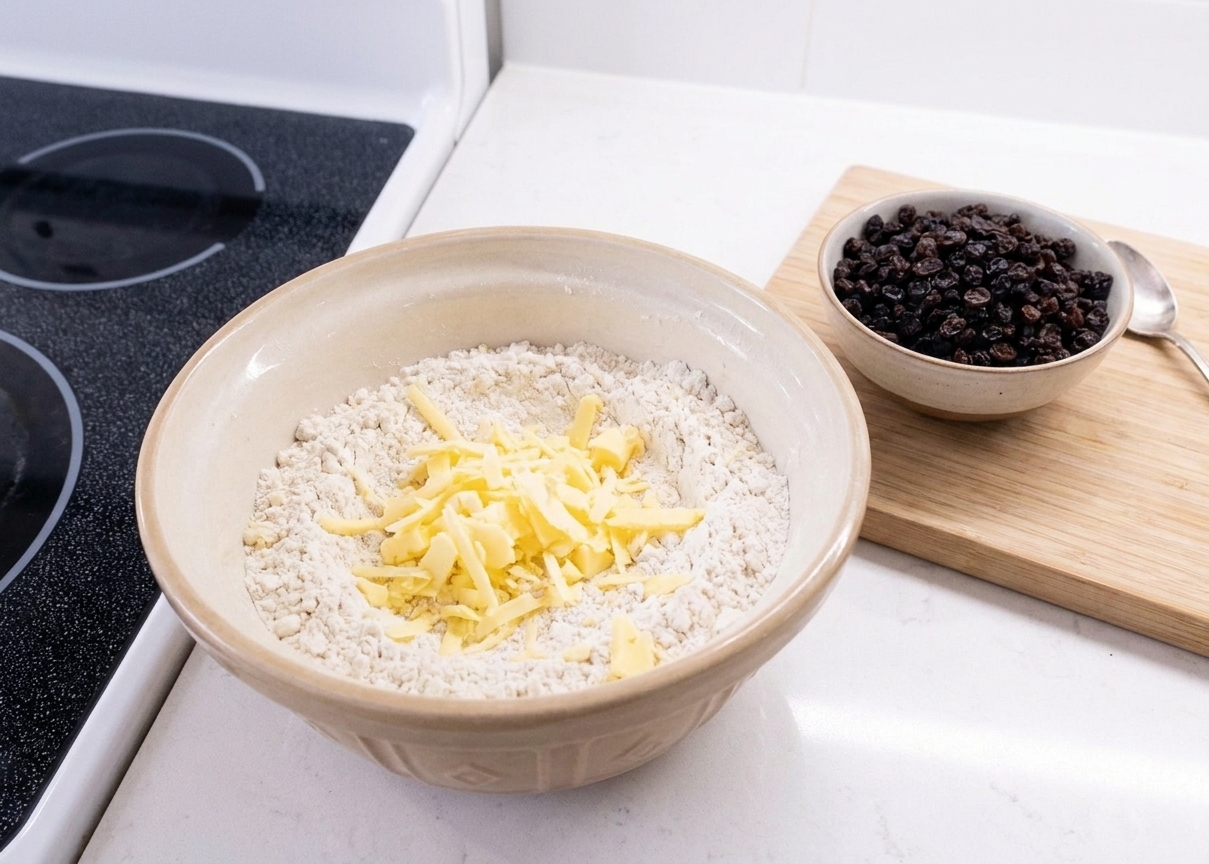 A mixing bowl with flour mixture and grated cold butter, with currants nearby on a wooden cutting board on a bright kitchen counter