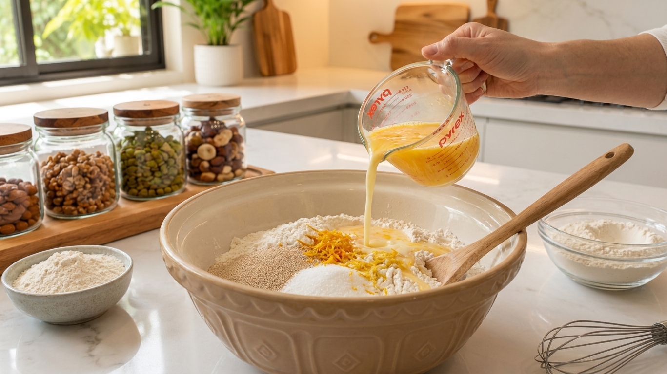 A mixing bowl with flour, yeast, sugar, and citrus zest partially mixed, with eggs and warm milk being poured in