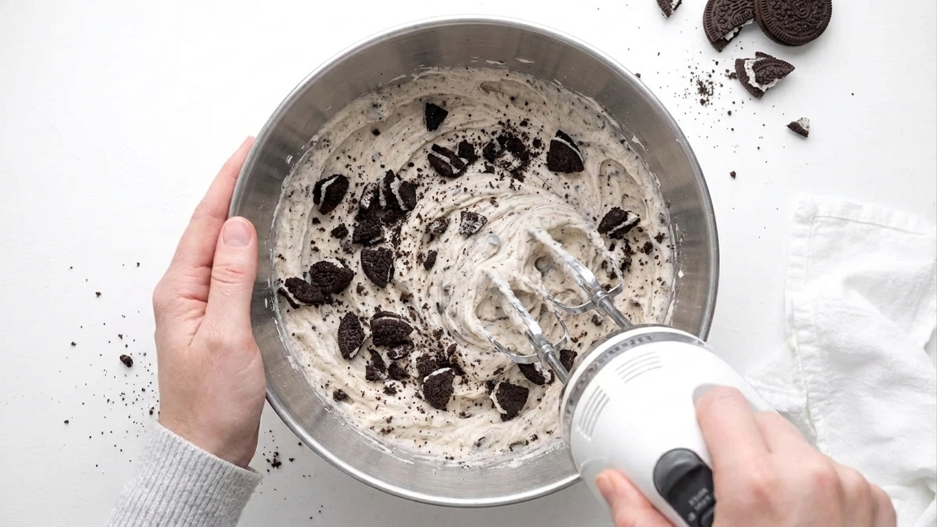 A mixing bowl with fluffy cookies-and-cream buttercream being whipped with a hand mixer, Oreo crumbs visible