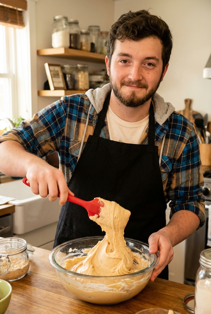 A mixing bowl with fluffy peanut butter filling being folded with a spatula on a kitchen counter