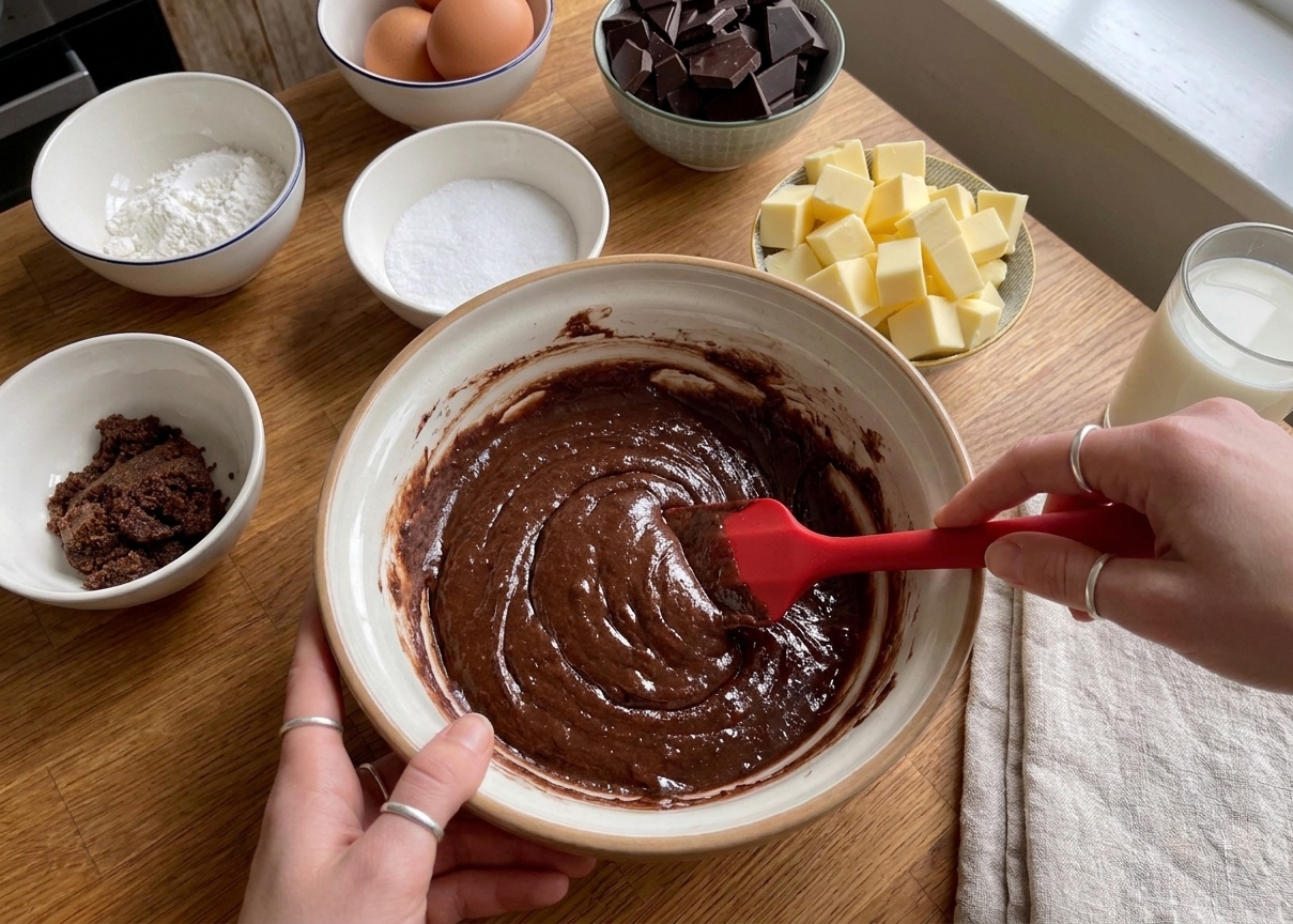 A mixing bowl with glossy chocolate brownie cookie batter being stirred with a rubber spatula on a kitchen counter