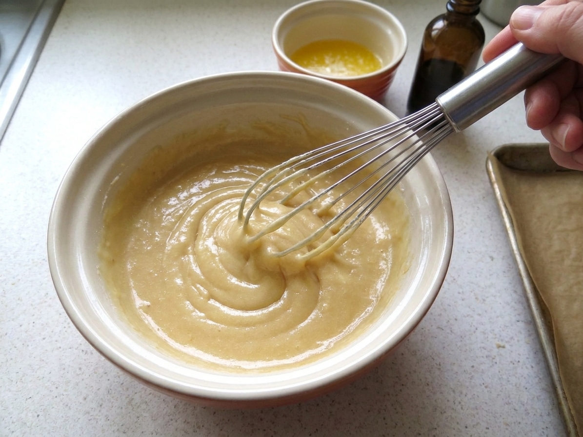 A mixing bowl with glossy fortune cookie batter being whisked on a kitchen counter