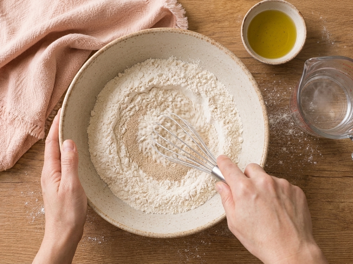 A mixing bowl with gluten-free flour and yeast being whisked together on a kitchen counter beside olive oil and a measuring cup of warm water