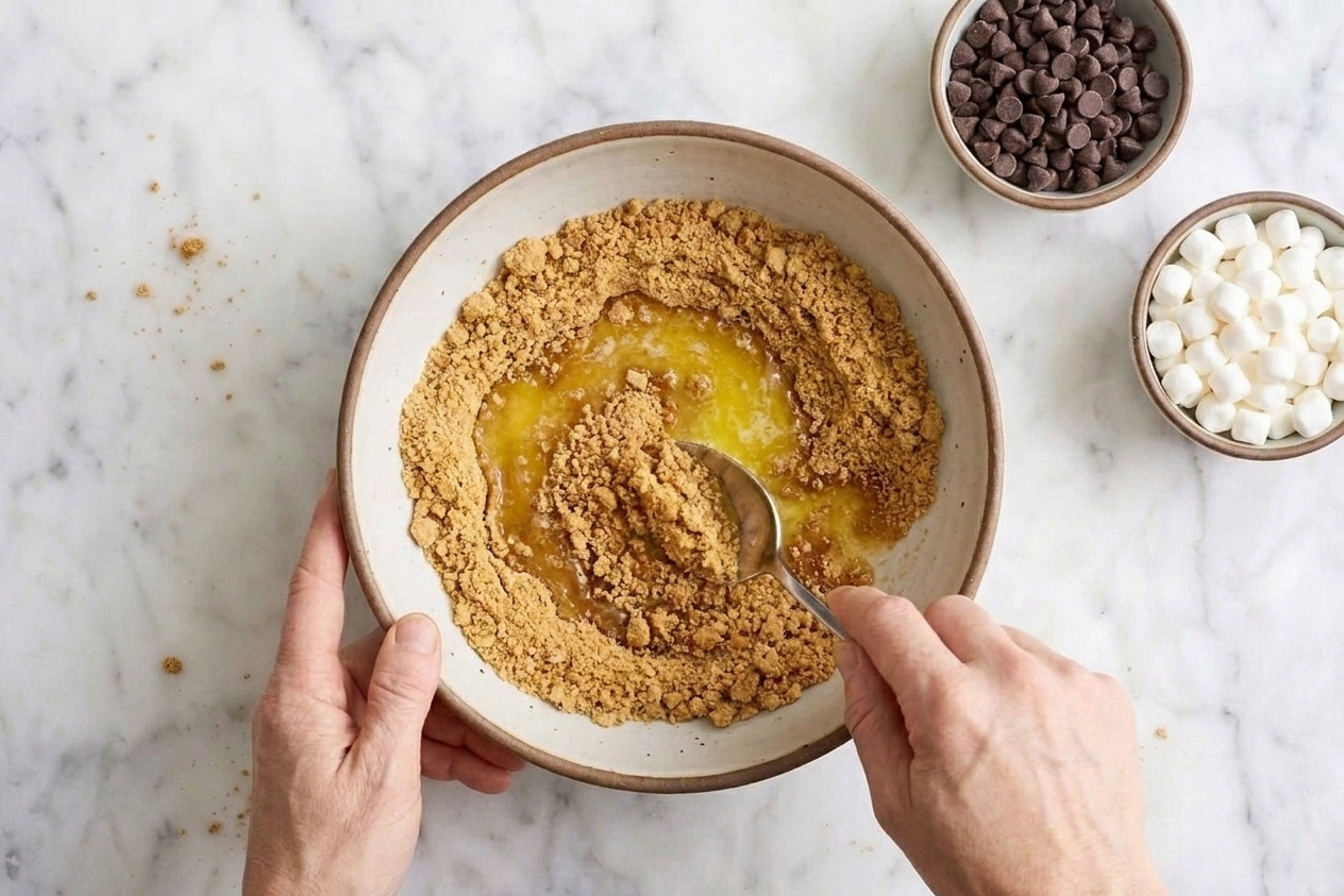 A mixing bowl with graham cracker crumbs and melted butter being stirred with a spoon on a kitchen counter, ingredients nearby