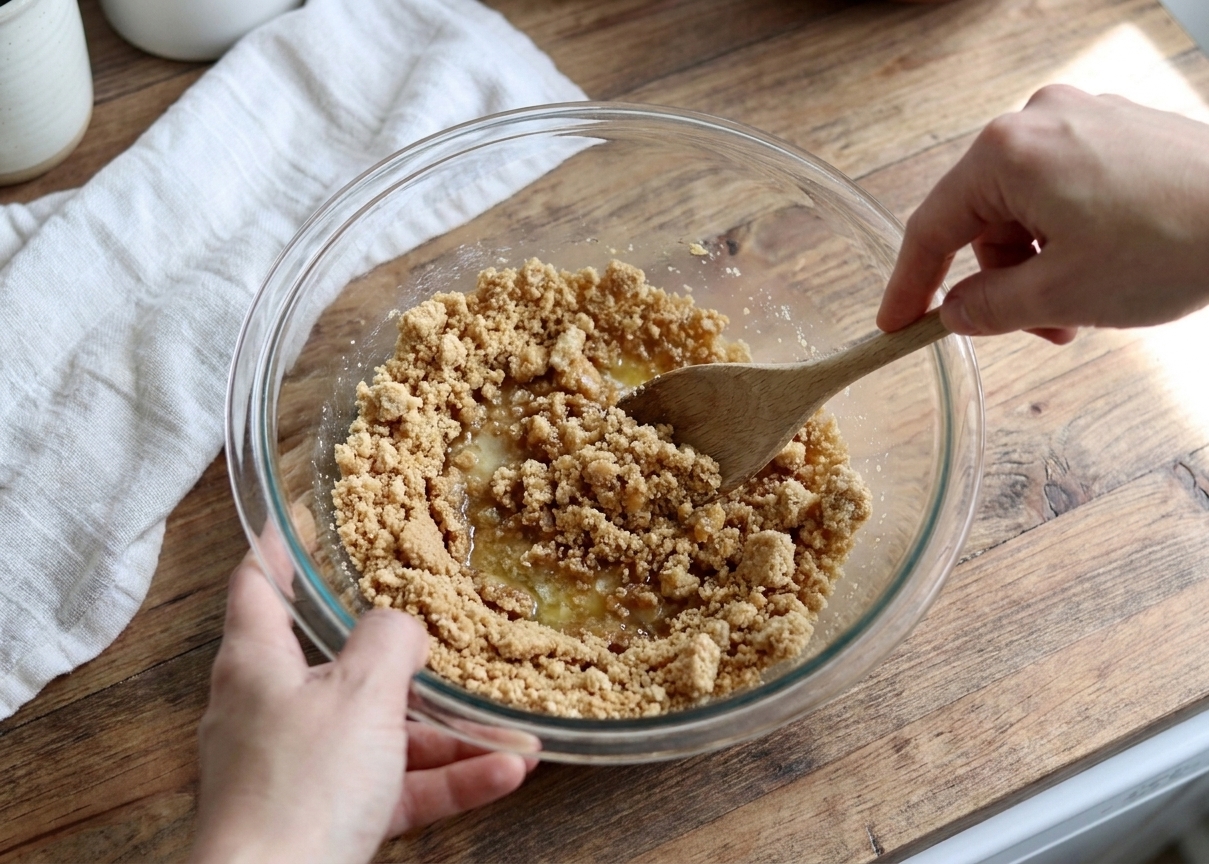 A mixing bowl with graham cracker crumbs and melted butter being stirred together until it looks like wet sand