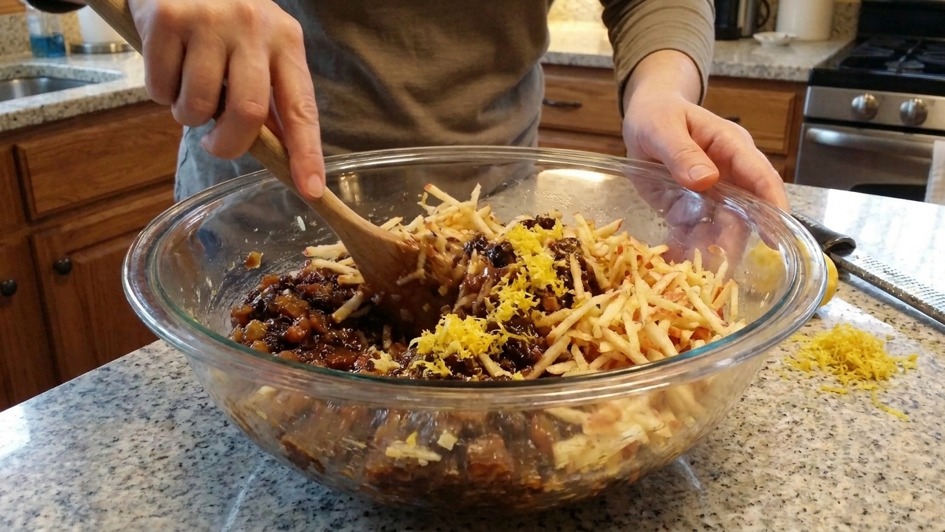 A mixing bowl with grated apple, lemon zest, and mincemeat being stirred together on a kitchen counter, hands visible holding a spoon