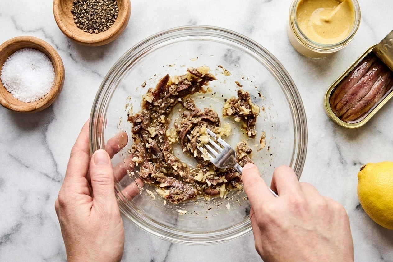 A mixing bowl with grated garlic and minced anchovy being mashed into a rough paste