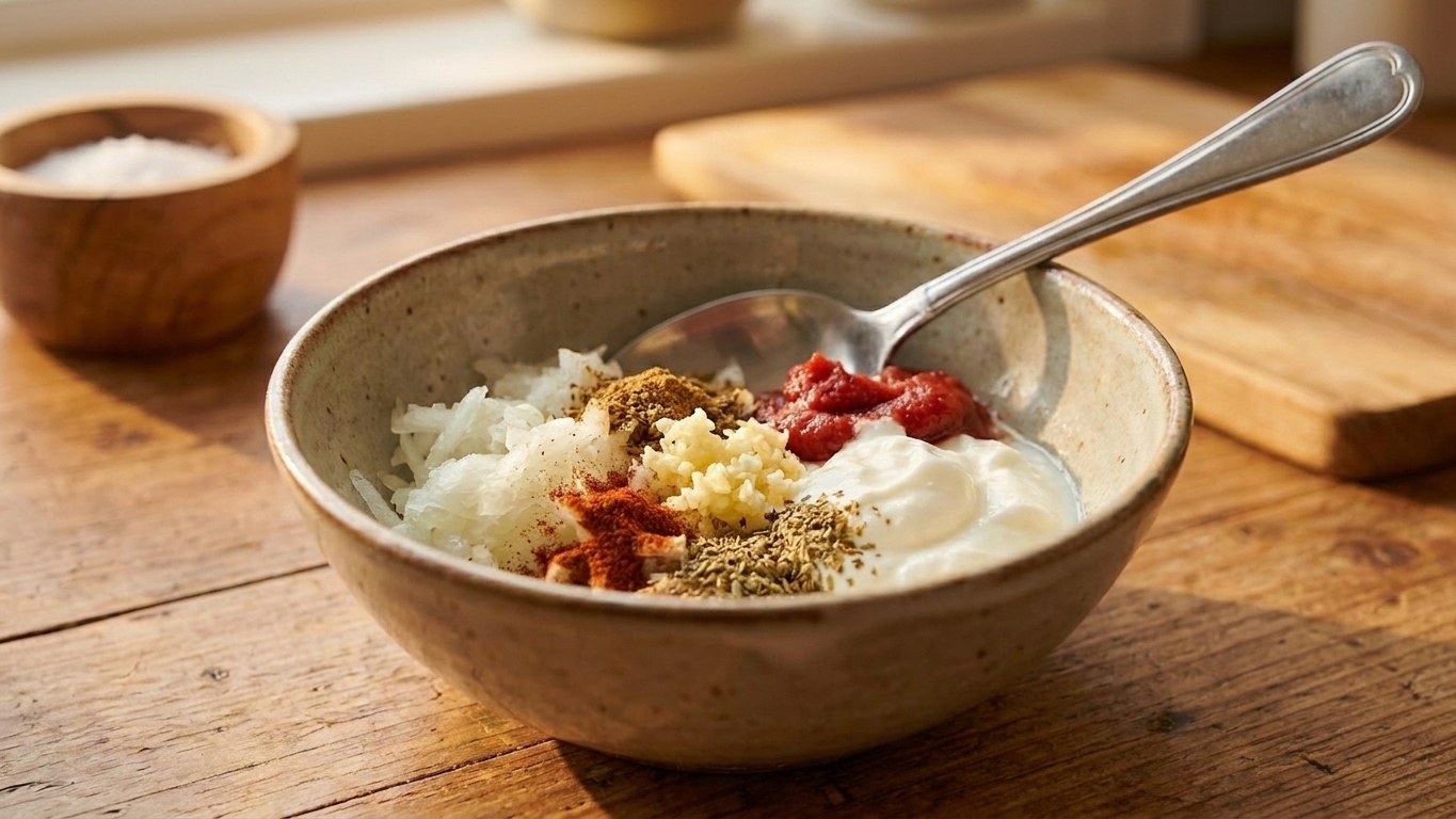 A mixing bowl with grated onion, minced garlic, spices, yogurt, and tomato paste ready to be mixed with ground meat