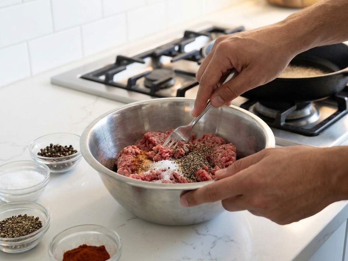 A mixing bowl with ground beef and seasonings being gently combined with a fork on a kitchen counter, with spices and salt nearby