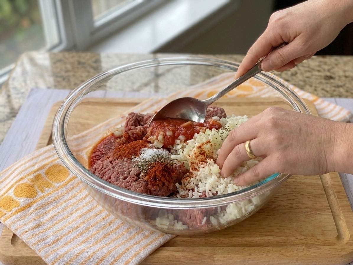 A mixing bowl with ground beef, rice, onion, sauce, and spices being gently mixed with a spoon on a kitchen counter
