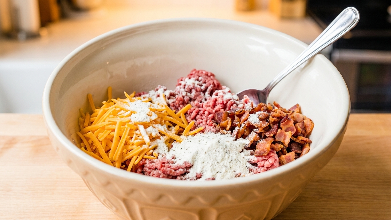 A mixing bowl with ground beef, shredded cheddar, chopped cooked bacon, and ranch seasoning ready to be combined on a clean kitchen counter