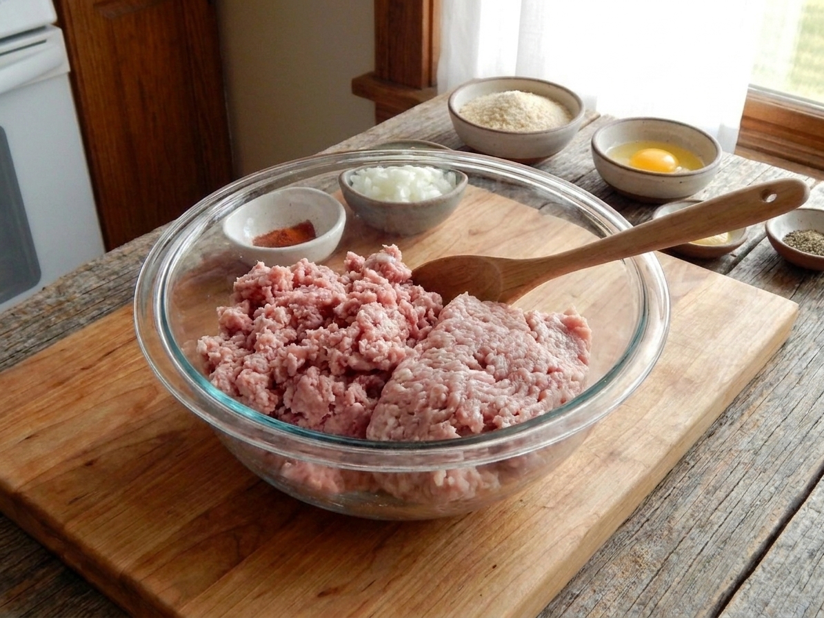 A mixing bowl with ground ham and ground pork side by side on a kitchen counter, ready to be combined