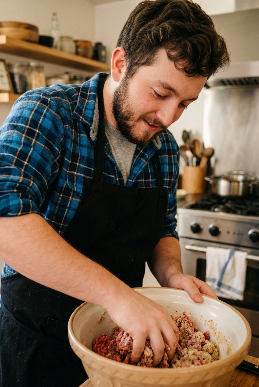 A mixing bowl with ground meat and a milk-soaked bread mixture being gently combined by hand