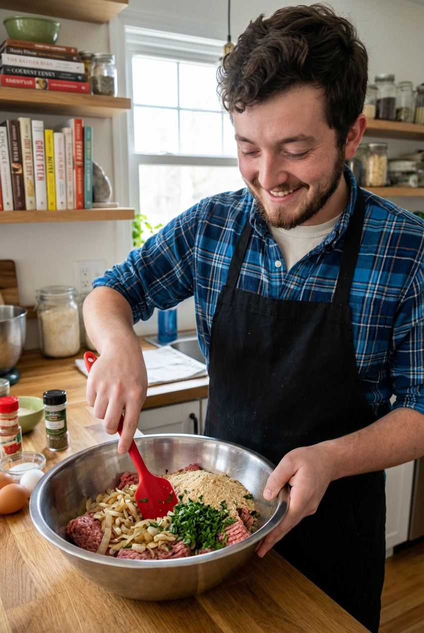 A mixing bowl with ground meat, sauteed onions, breadcrumbs, and herbs being gently folded together with a spatula
