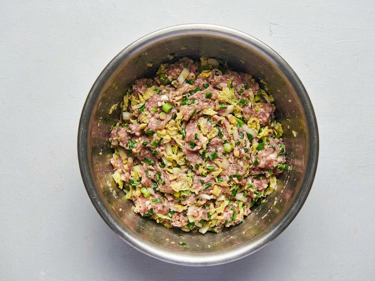 A mixing bowl with ground pork, chopped napa cabbage, scallions, ginger, garlic, and seasonings being mixed into a cohesive dumpling filling
