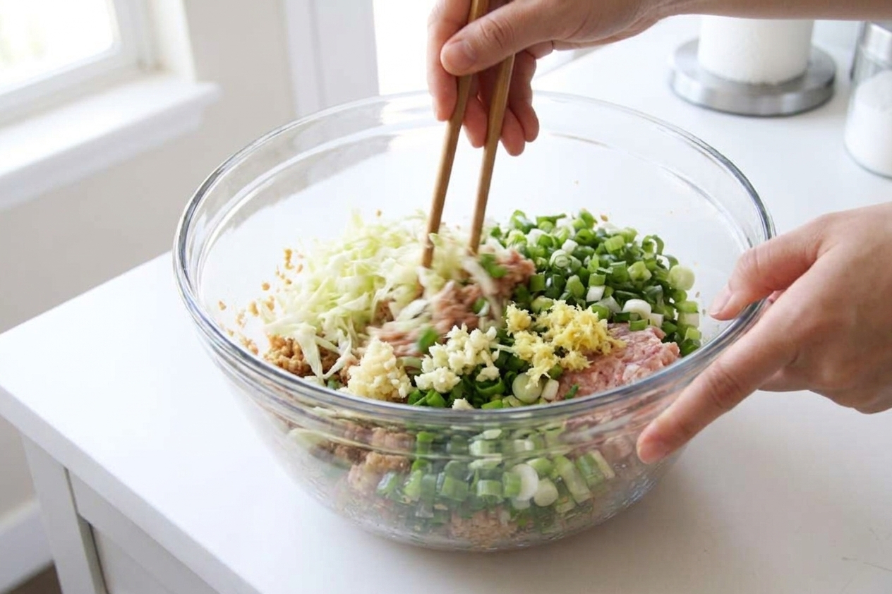 A mixing bowl with ground pork, squeezed shredded cabbage, scallions, garlic, and ginger being mixed together with chopsticks on a kitchen counter