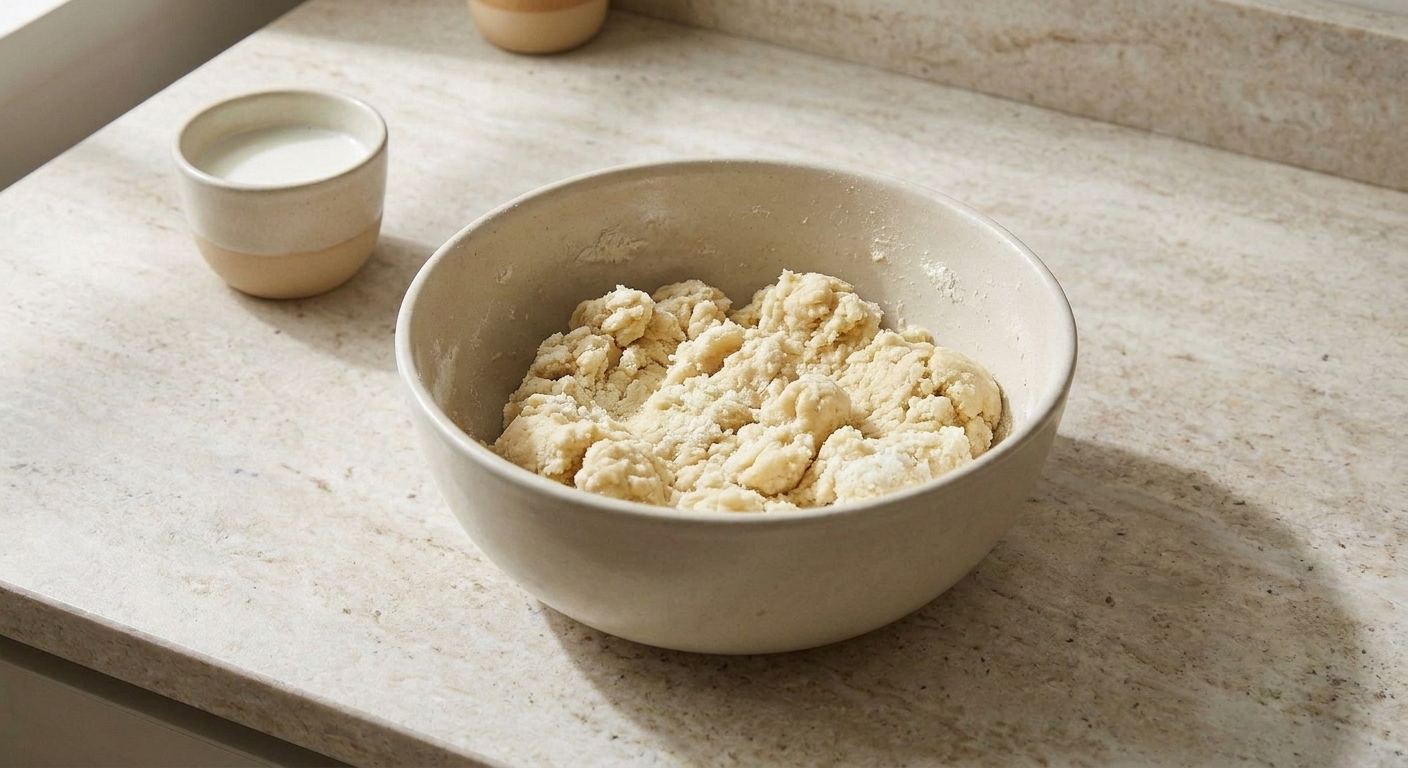 A mixing bowl with gulab jamun dough made from milk powder and flour, slightly shaggy and resting on a kitchen counter next to a small cup of milk