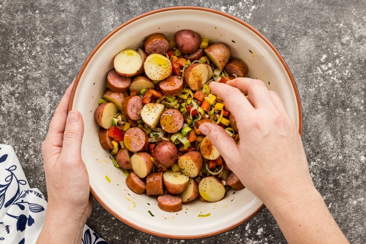 A mixing bowl with halved baby potatoes, sliced smoked sausage, olive oil, and spices being tossed together by a cook’s hands