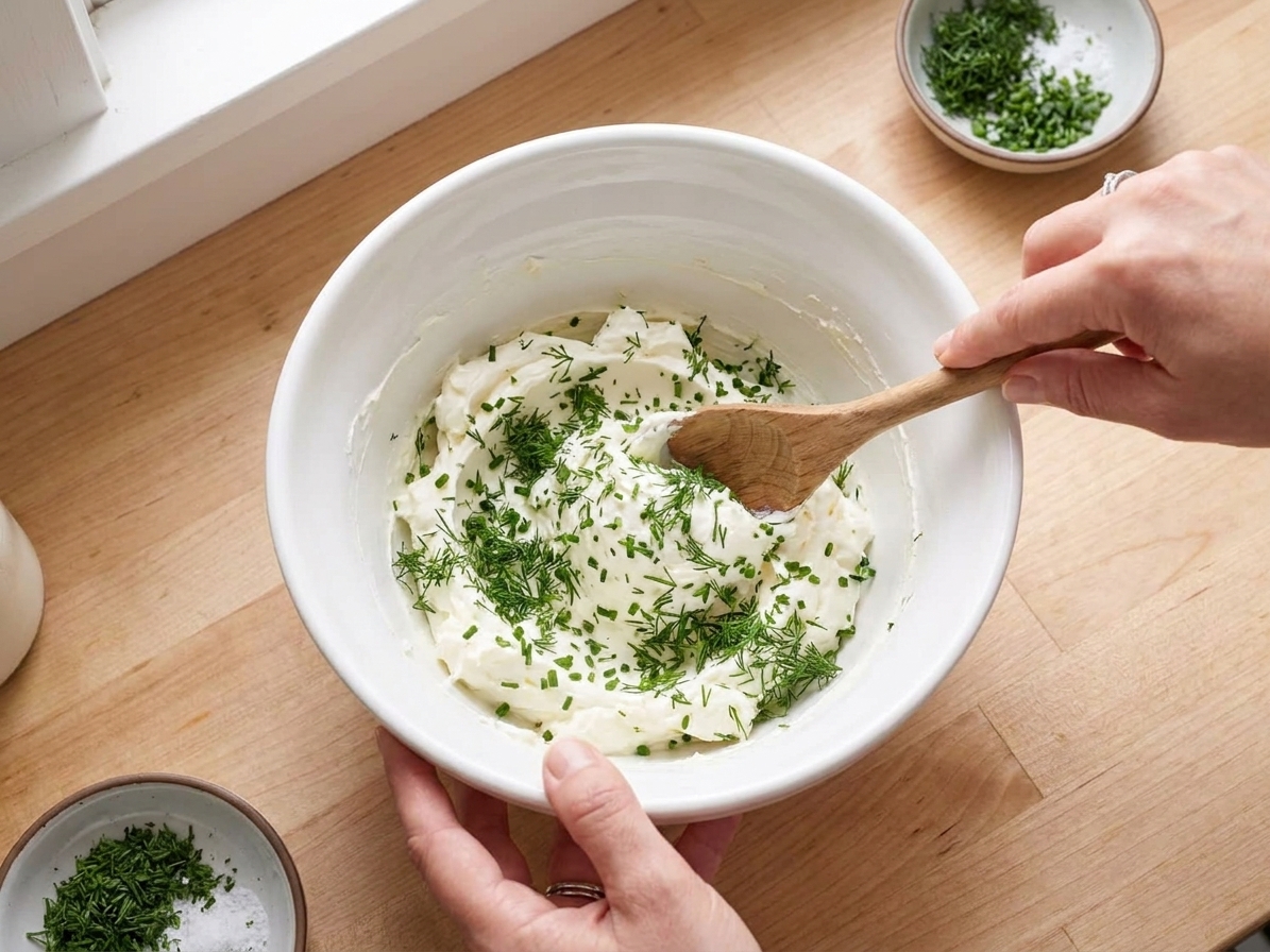 A mixing bowl with herb-flecked cream cheese being stirred with a spoon on a light kitchen counter