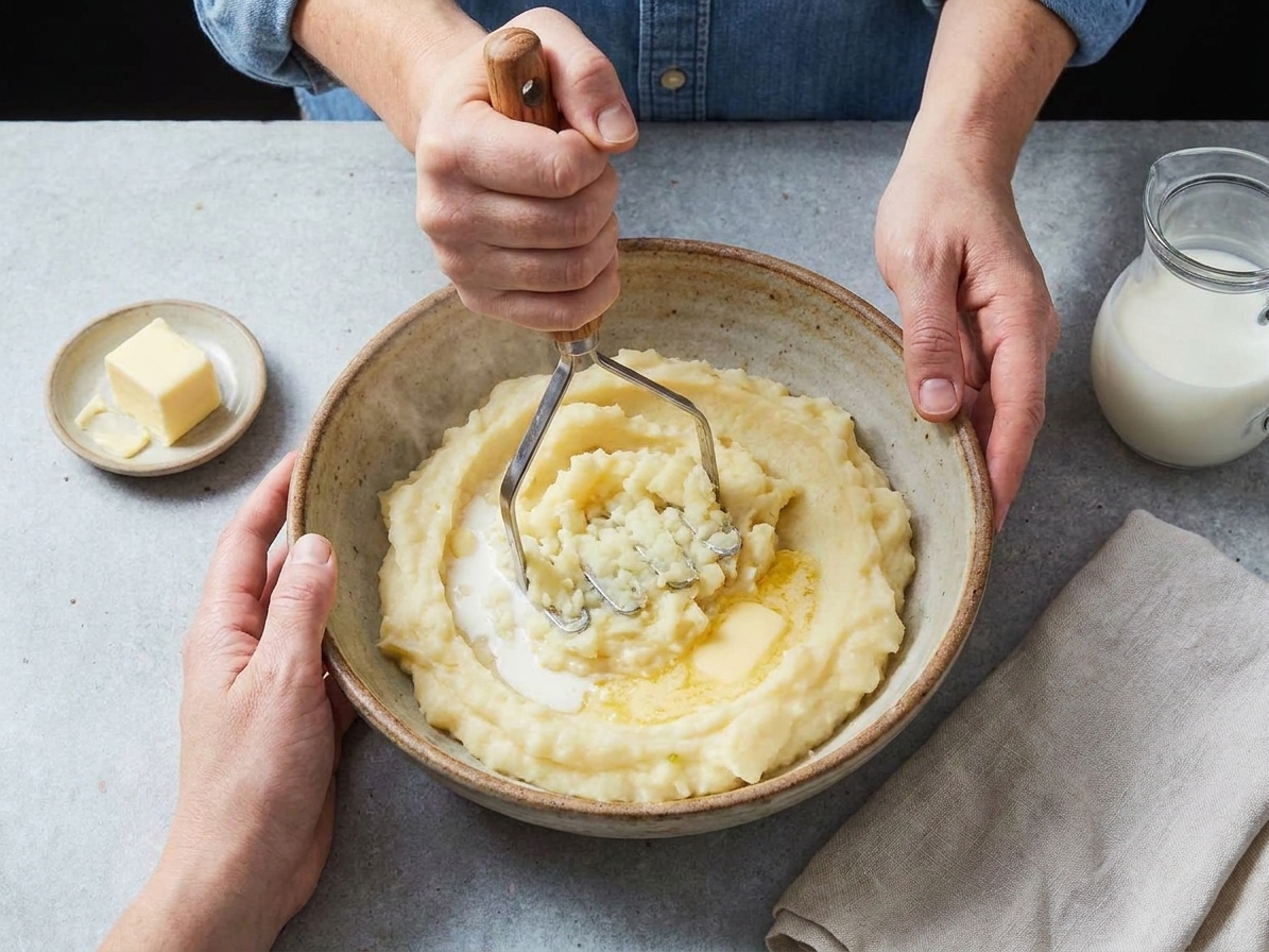 A mixing bowl with hot mashed potatoes being stirred with butter and milk on a kitchen counter, with a potato masher nearby