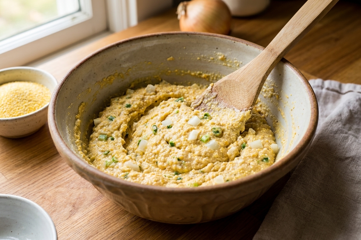 A mixing bowl with hush puppy batter being stirred with a spatula, showing cornmeal texture and diced onion