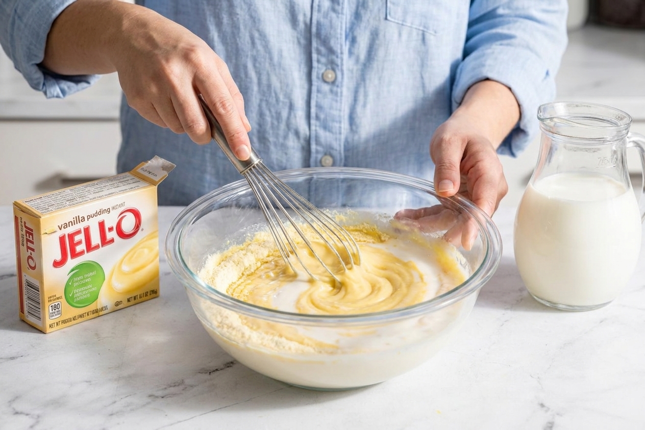 A mixing bowl with instant vanilla pudding and milk being whisked until smooth on a kitchen counter