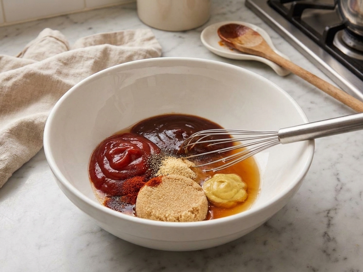 A mixing bowl with ketchup, barbecue sauce, brown sugar, mustard, vinegar, and spices ready to be whisked into a sauce on a kitchen counter