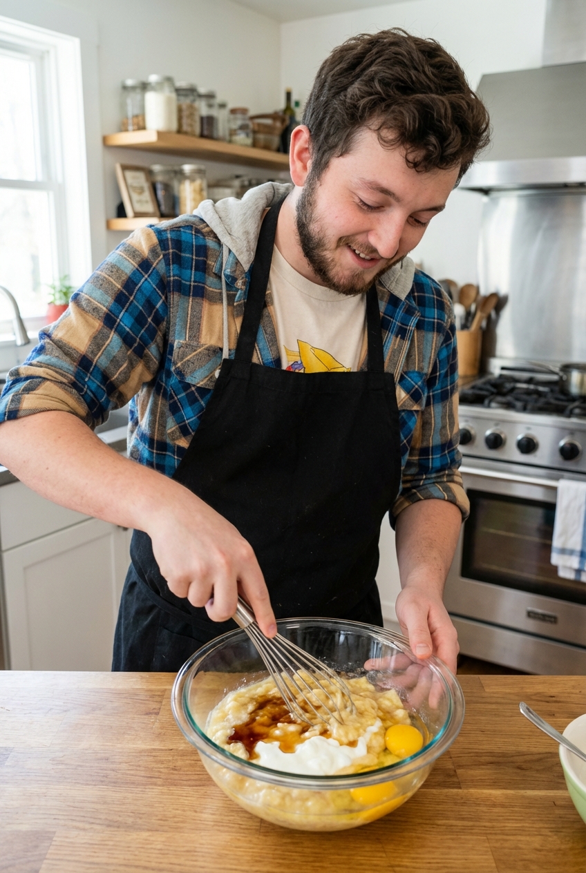 A mixing bowl with mashed bananas, yogurt, eggs, and maple syrup being whisked together on a kitchen counter