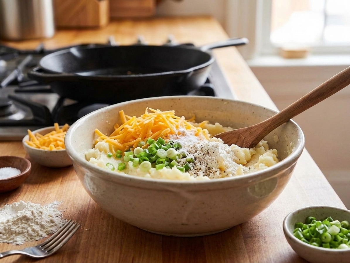 A mixing bowl with mashed potatoes topped with shredded cheddar, sliced green onions, flour, and seasonings before stirring
