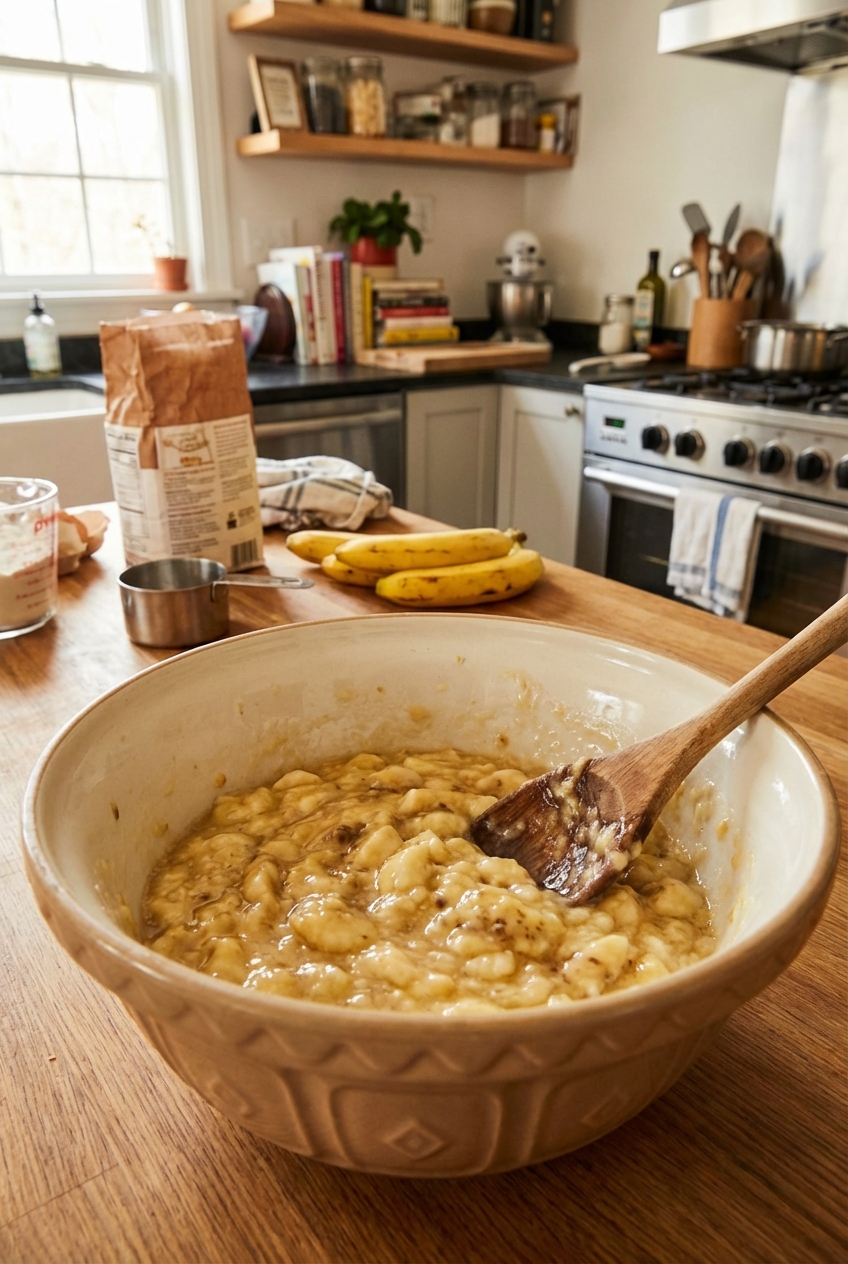 A mixing bowl with mashed ripe bananas and a wooden spoon on a kitchen counter