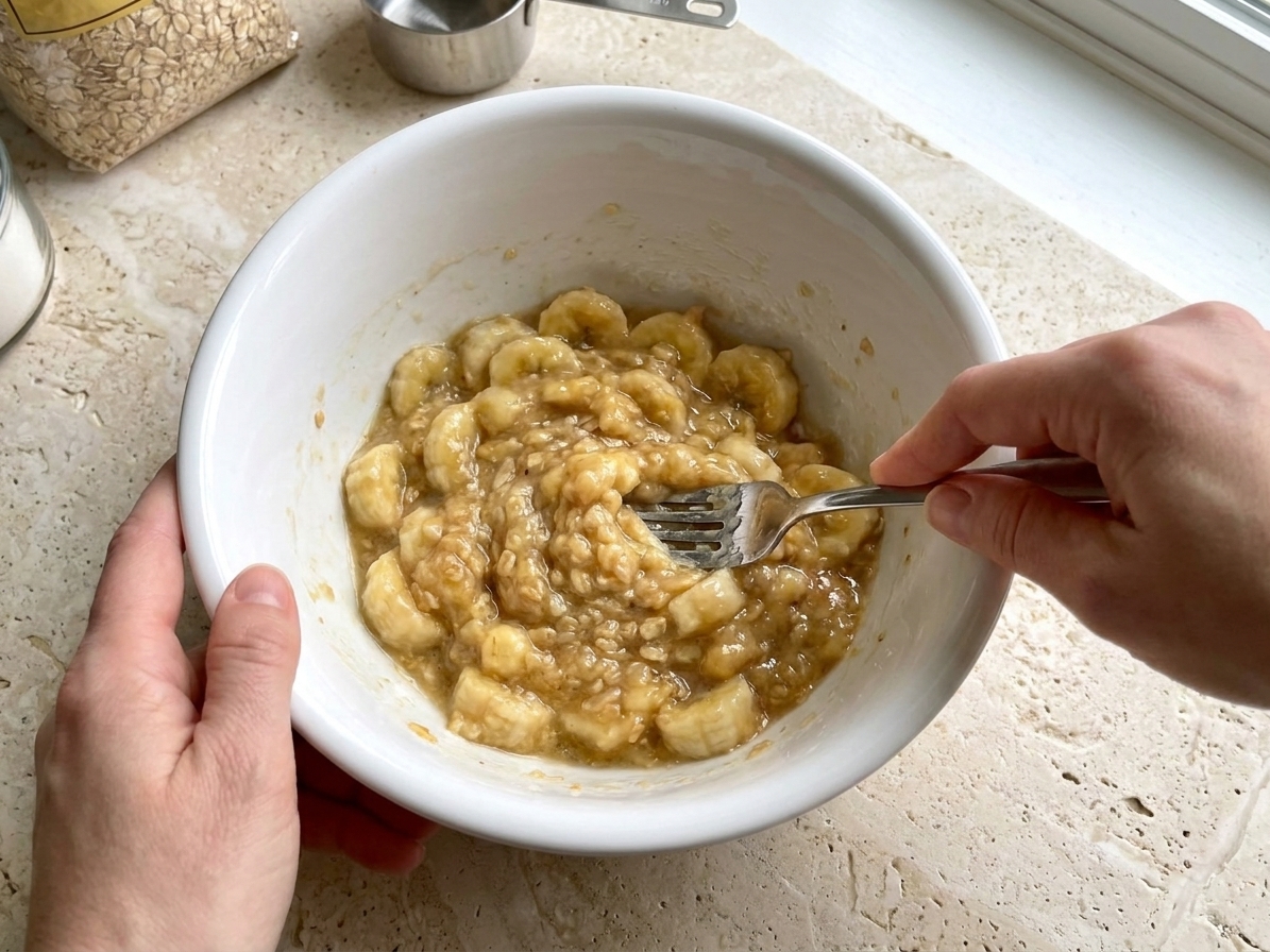 A mixing bowl with mashed ripe bananas being stirred with a fork on a light kitchen counter