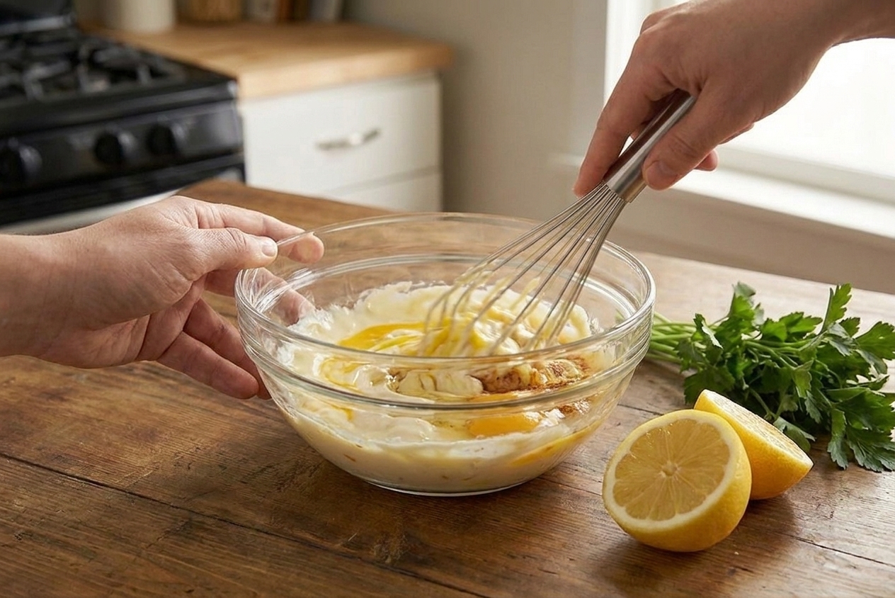 A mixing bowl with mayonnaise, egg, mustard, seasonings, and lemon juice being whisked together on a kitchen counter