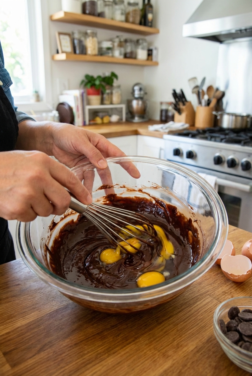 A mixing bowl with melted chocolate and butter being whisked with eggs on a wooden countertop