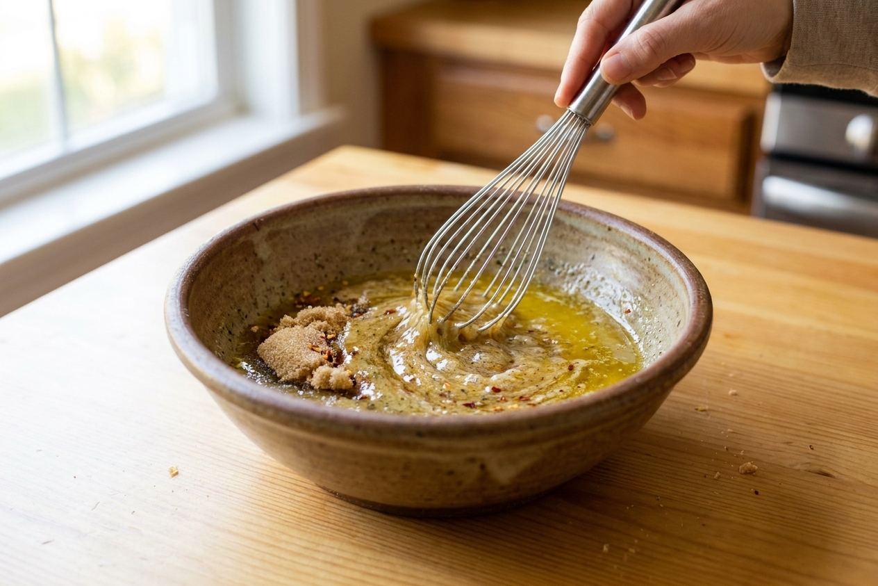 A mixing bowl with oil, melted butter, ranch seasoning, brown sugar, and red pepper flakes being whisked together on a kitchen counter