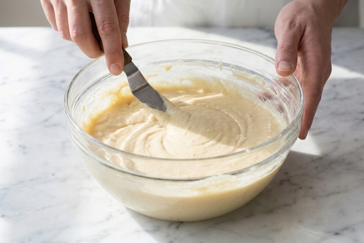 A mixing bowl with pale almond cake batter being mixed until smooth, with a spatula scraping the sides on a bright kitchen counter