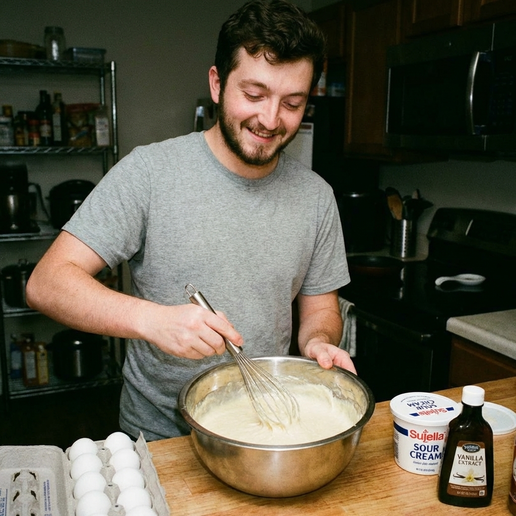 A mixing bowl with pale cake batter and a whisk on a kitchen counter with eggs, sour cream, and vanilla nearby