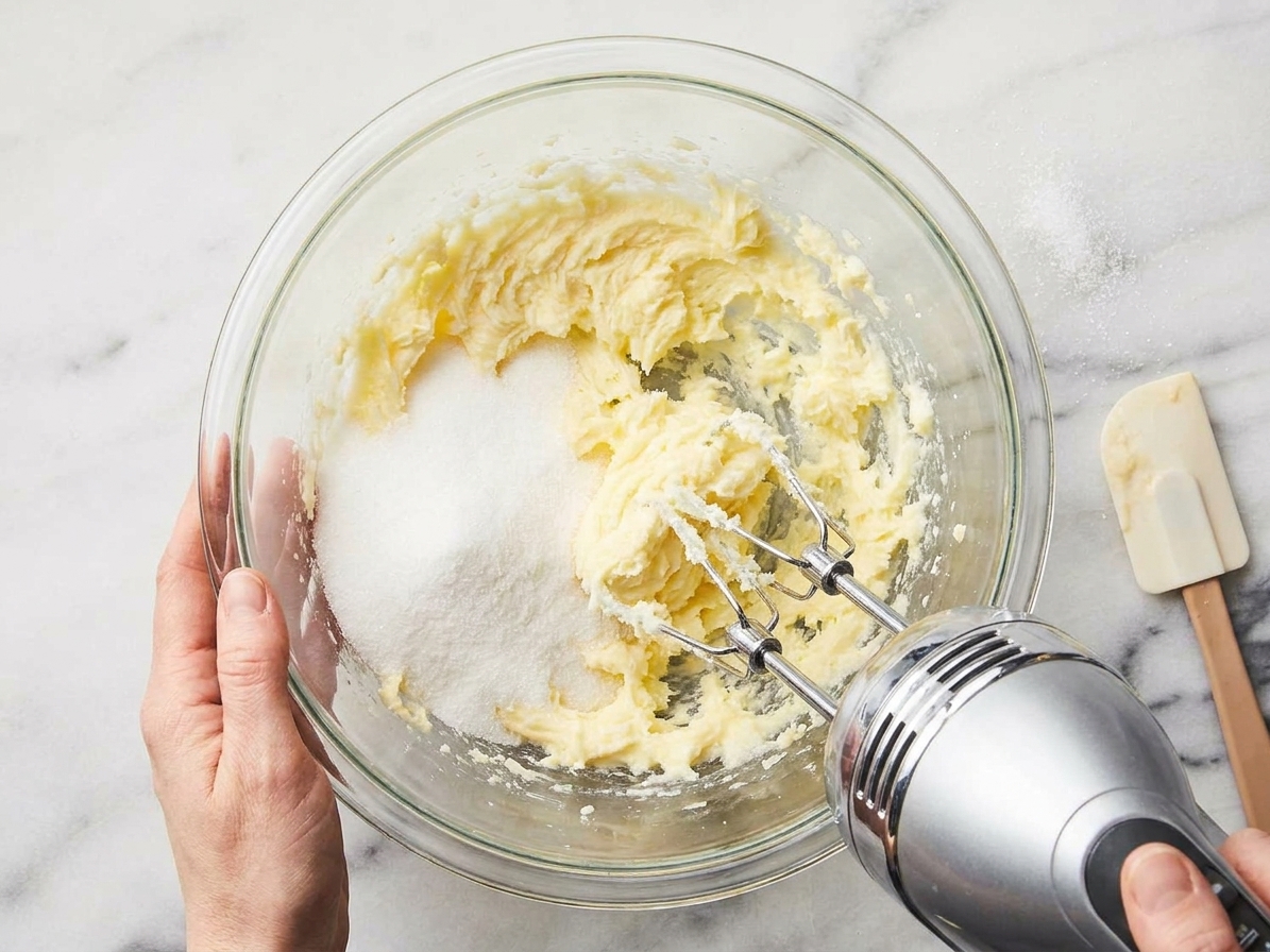 A mixing bowl with pale cookie dough being creamed with butter and sugar using a hand mixer on a bright kitchen counter