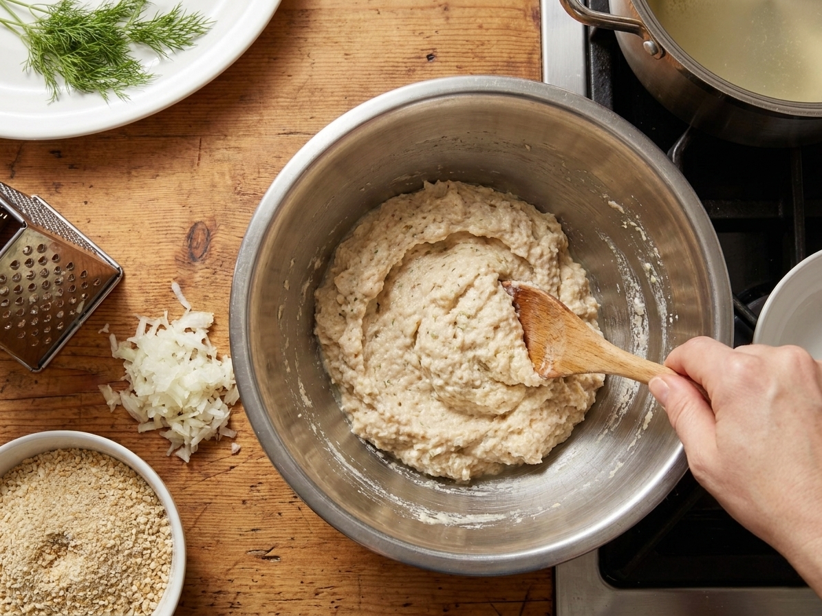 A mixing bowl with pale fish mixture being stirred with a spoon, with grated onion and matzo meal visible on a kitchen counter