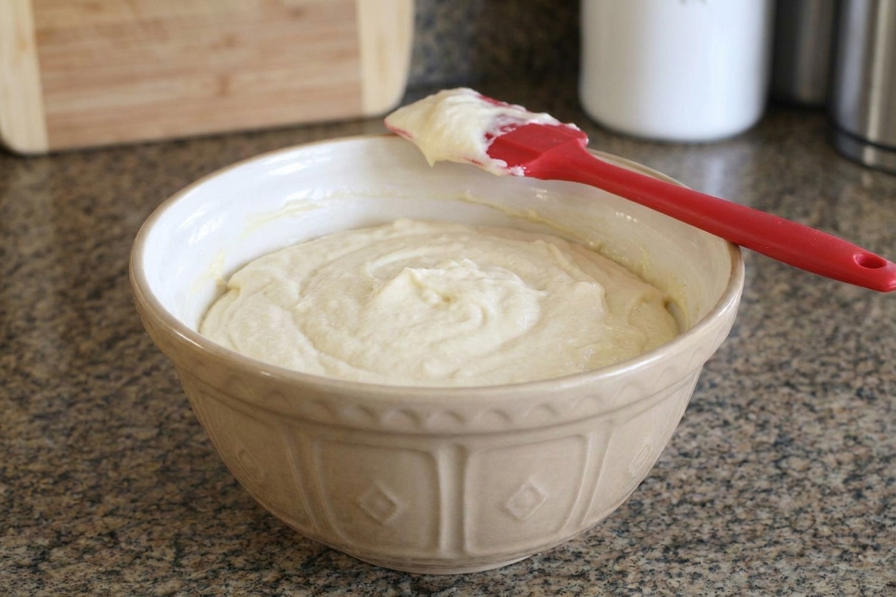 A mixing bowl with pale, fluffy Victoria sponge batter and a rubber spatula resting on the side on a clean kitchen counter