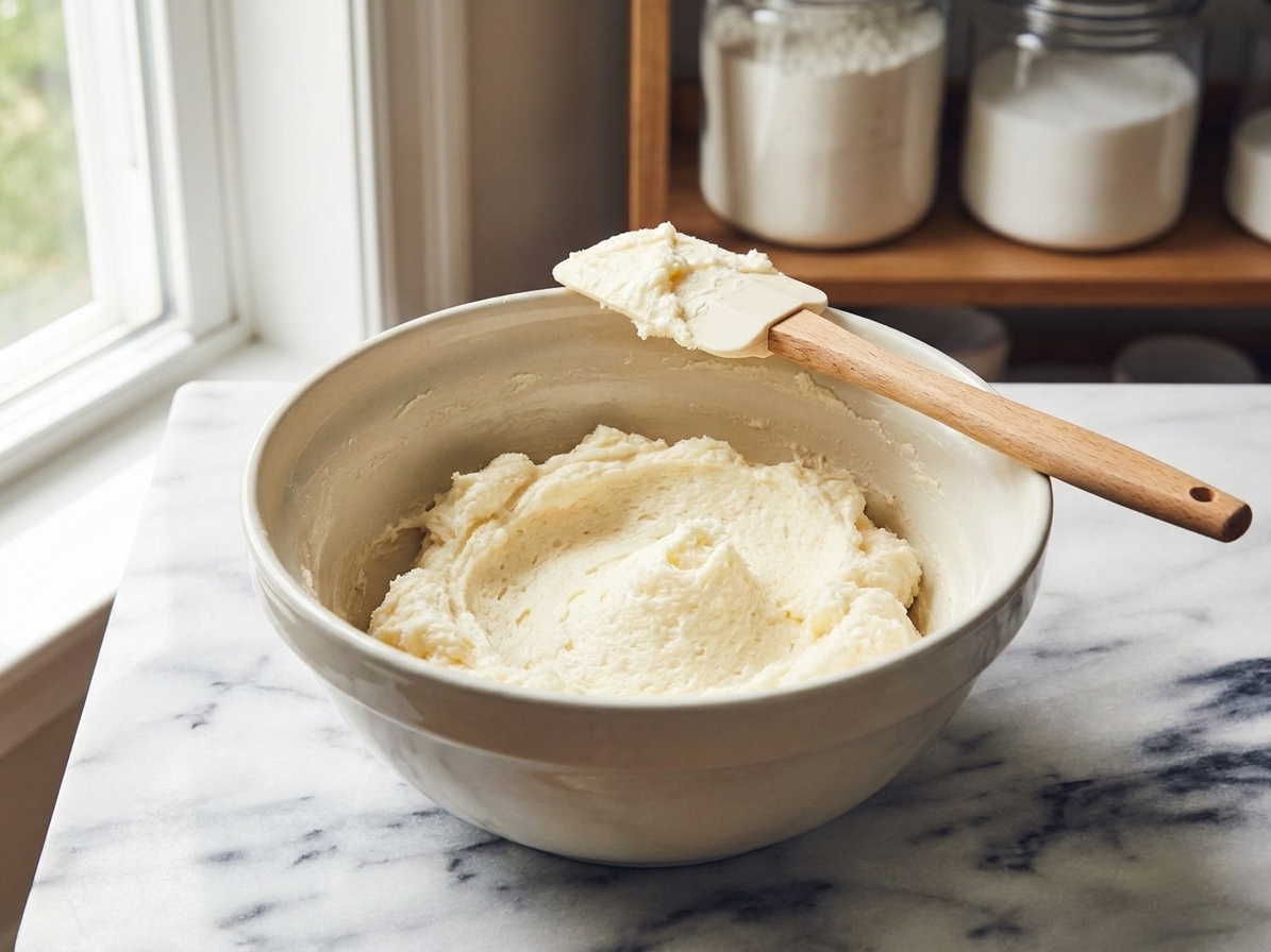 A mixing bowl with pale, fluffy creamed butter and sugar, with a spatula resting on the rim on a bright kitchen counter
