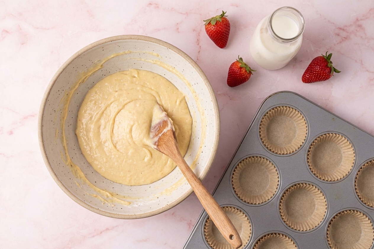 A mixing bowl with pale muffin batter and a spatula on a bright kitchen counter, with a muffin tin nearby