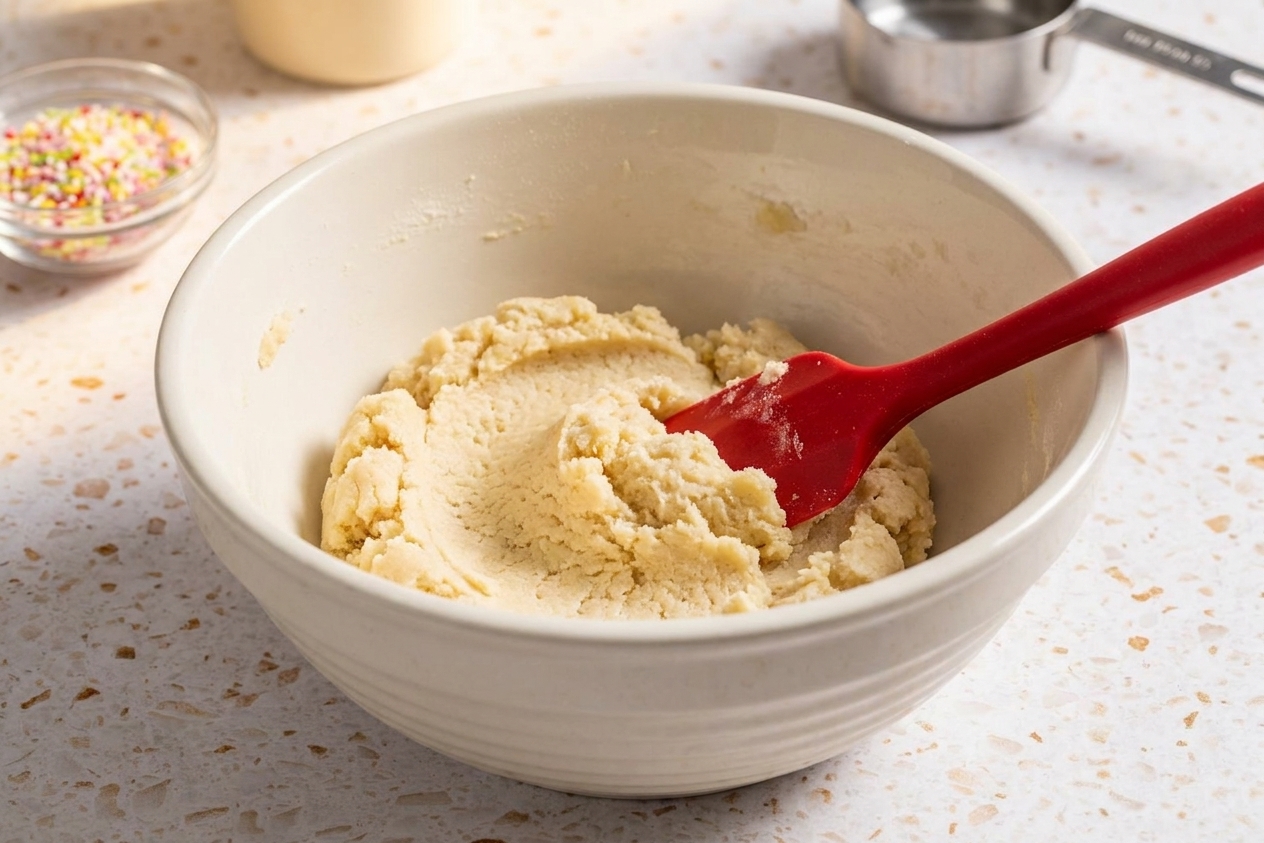 A mixing bowl with pale sugar cookie bar dough and a rubber spatula on a kitchen counter