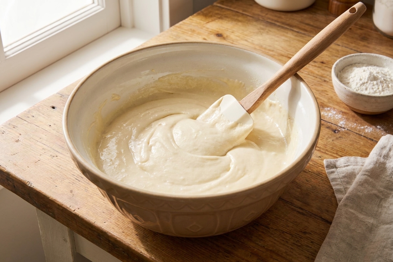 A mixing bowl with pale vanilla cake batter and a rubber spatula, batter thick and glossy on a clean kitchen counter