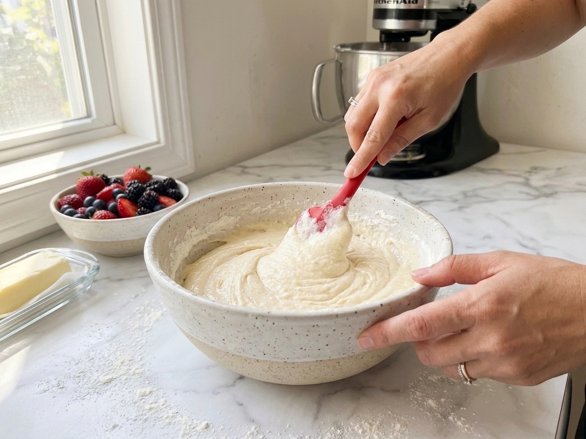 A mixing bowl with pale vanilla cake batter being folded with a rubber spatula on a kitchen counter
