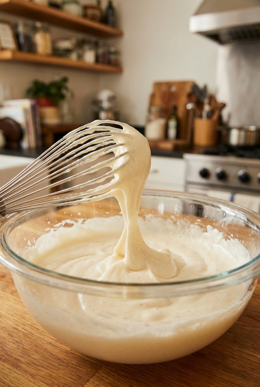 A mixing bowl with pale whipped eggs and sugar at ribbon stage, with a whisk resting on the side